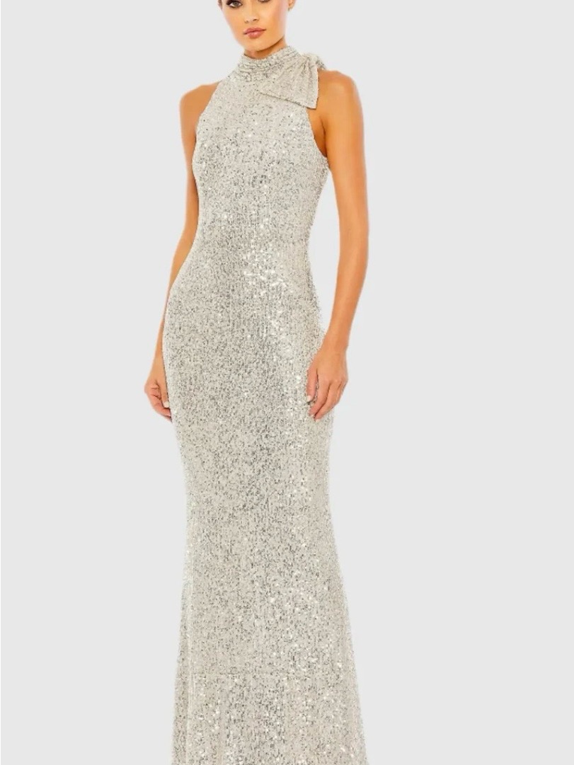 Ieena For Mac Duggal Silver Soft Tie Sequin Halter Maxi Gown Size 14